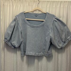 Aerie Seams Right Top Women’s XL Blue Ribbed Puffed Short Sleeve Cropped